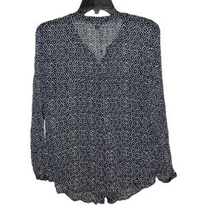 Lucky Brand Geometrical Pattern Boho Tunic Top Blouse Smocked V Neck Button Down